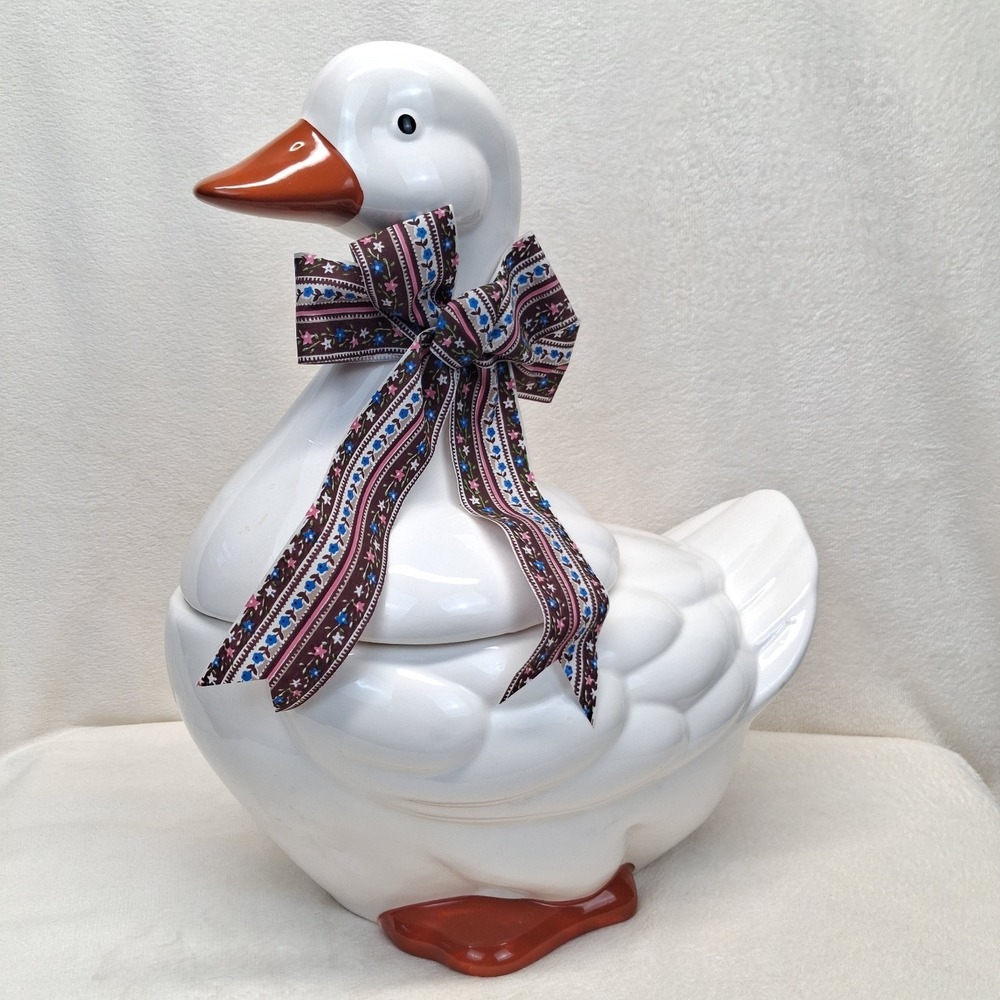 Vintage Mother Goose Ceramic Cookie Jar Fabric Ribbon Bow Cottage Core *READ*